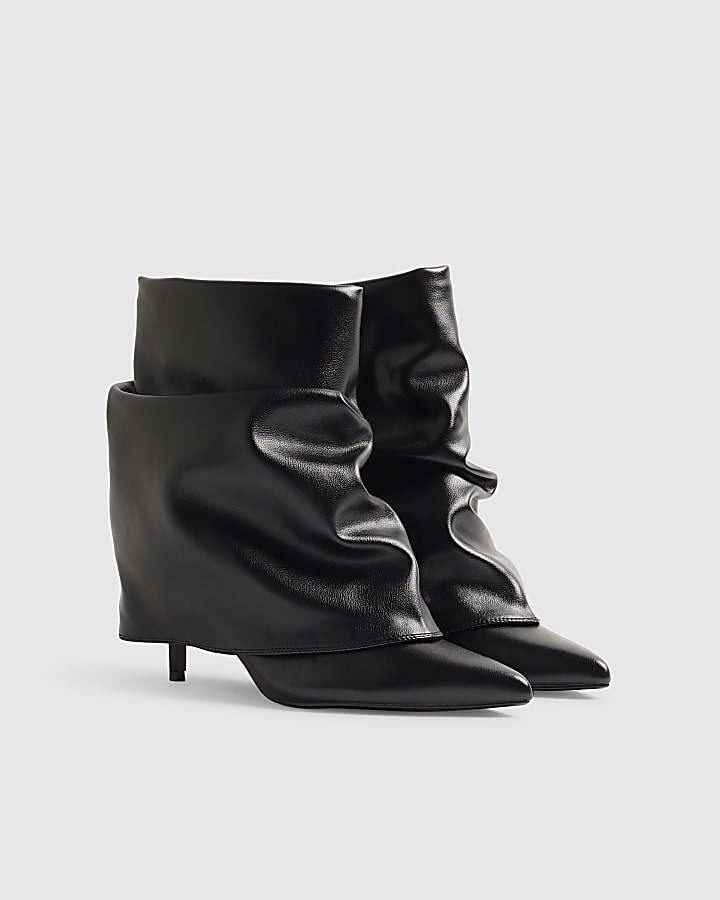 Black Faux Leather Ruched Folded Ankle Boots
