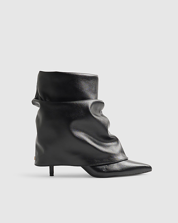 Black Faux Leather Ruched Folded Ankle Boots