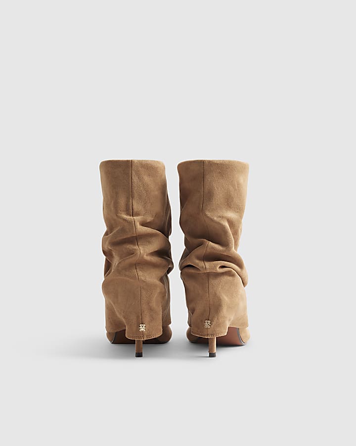 Brown Faux Suede Ruched Folded Ankle Boots
