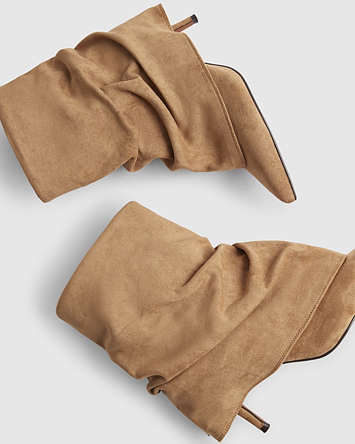 Brown Faux Suede Ruched Folded Ankle Boots