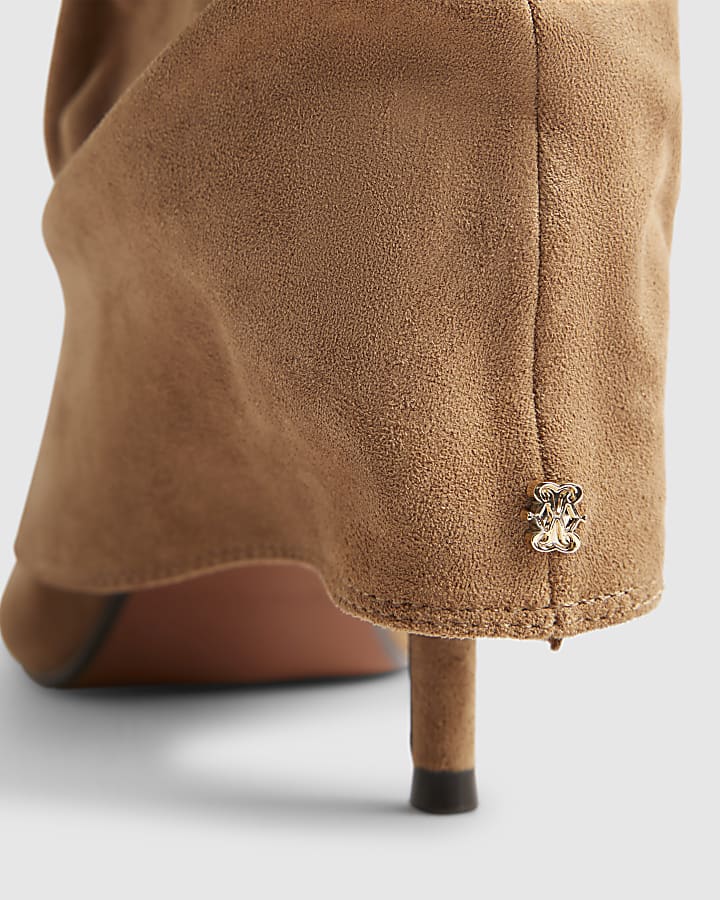 Brown Faux Suede Ruched Folded Ankle Boots