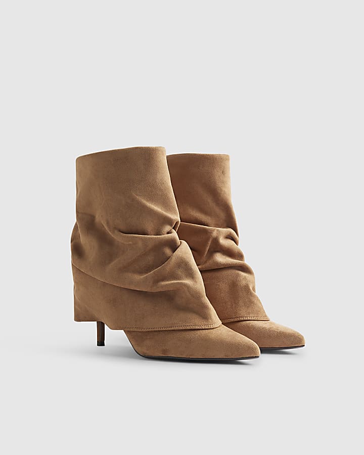 Brown Faux Suede Ruched Folded Ankle Boots