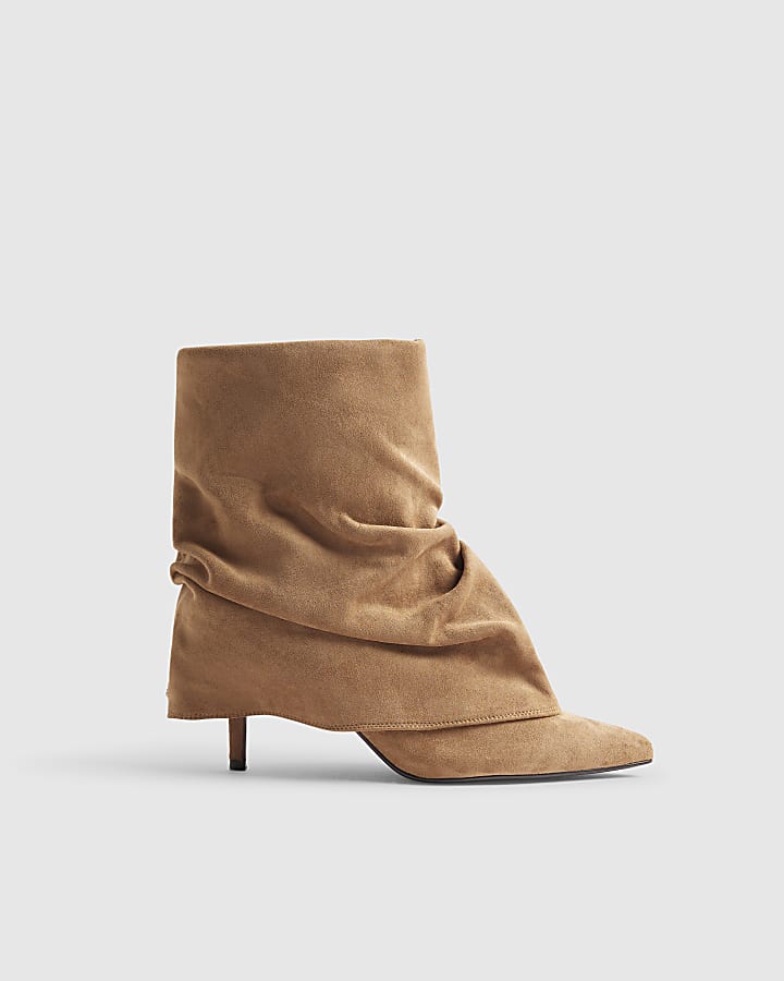 Brown Faux Suede Ruched Folded Ankle Boots