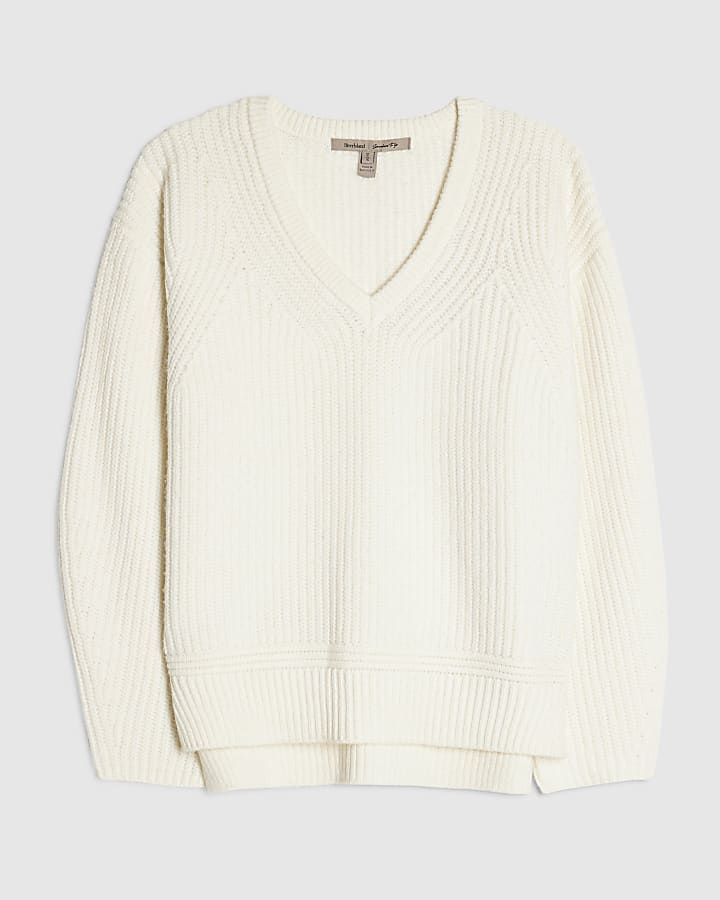 Cream Rib V Neck Jumper