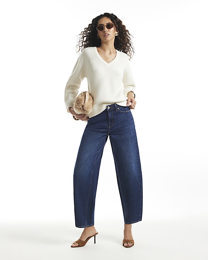 Cream Rib V Neck Jumper