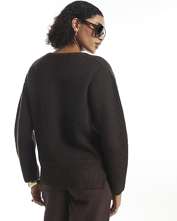 Brown Rib V Neck Jumper