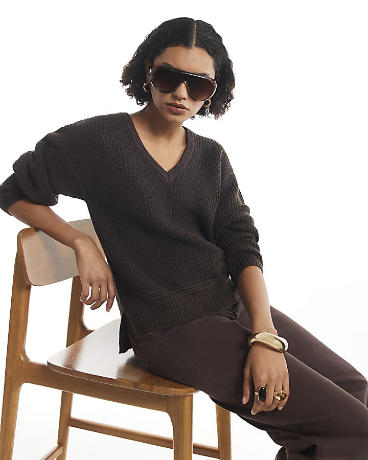 Brown Rib V Neck Jumper