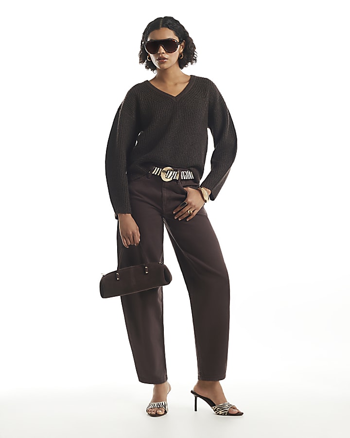 Brown Rib V Neck Jumper