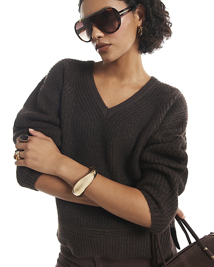 Brown Rib V Neck Jumper