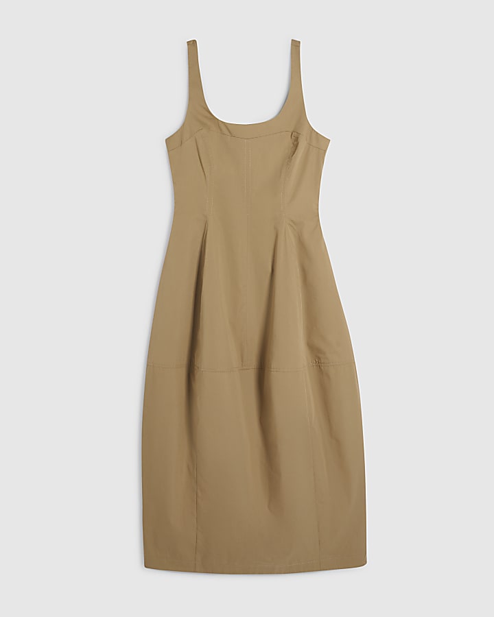 Beige Cotton Blend Cocoon Midi Dress