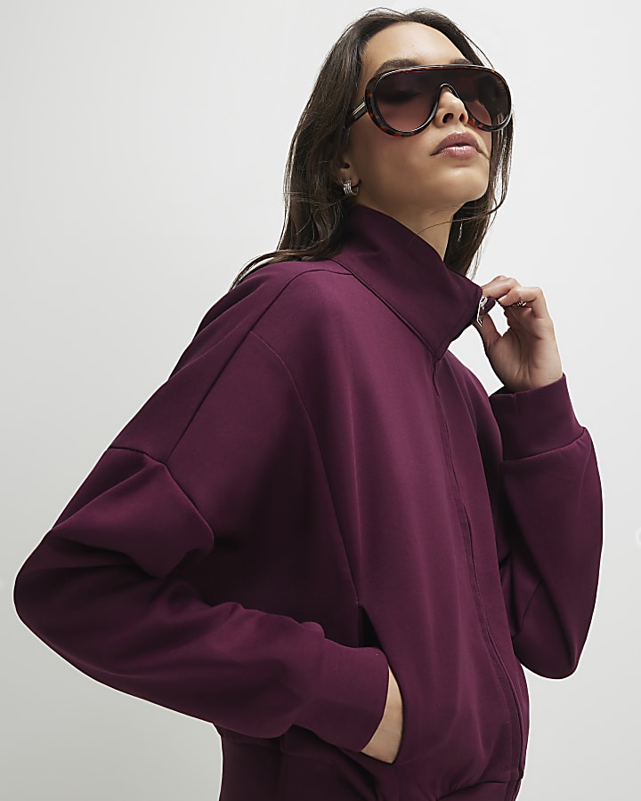 Red Zip Up Interlock Bomber Jacket