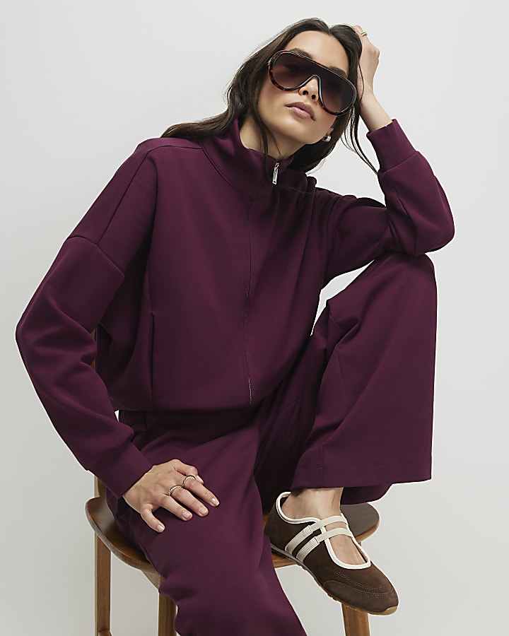 Red Zip Up Interlock Bomber Jacket