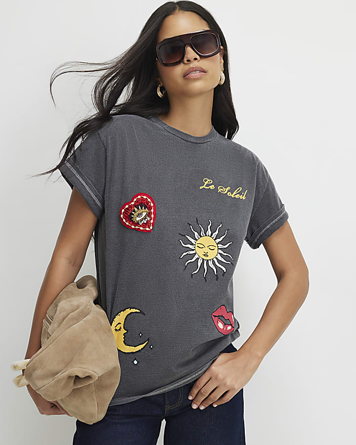 Grey Washed Quirky Trim T-Shirt