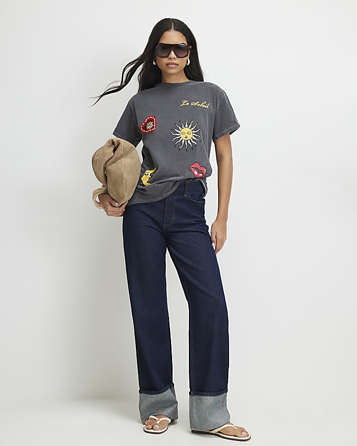 Grey Washed Quirky Trim T-Shirt