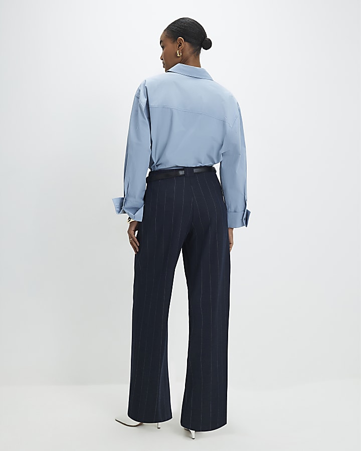 Navy Pinstripe Low Waist Belted Trousers
