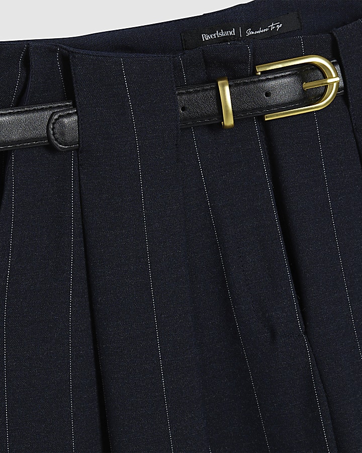Navy Pinstripe Low Waist Belted Trousers
