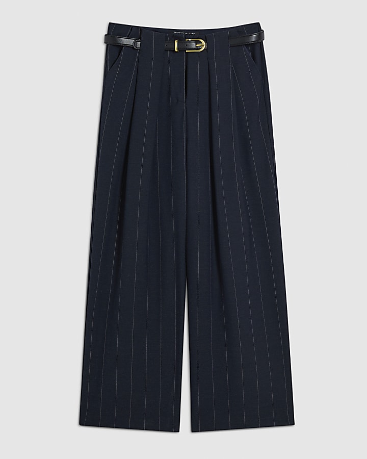 Navy Pinstripe Low Waist Belted Trousers
