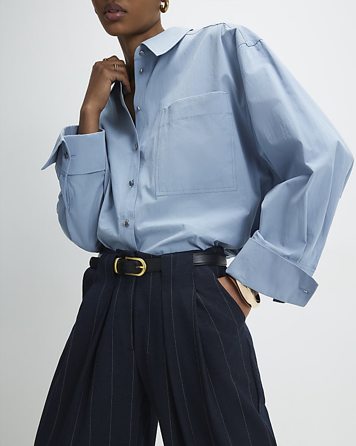 Navy Pinstripe Low Waist Belted Trousers