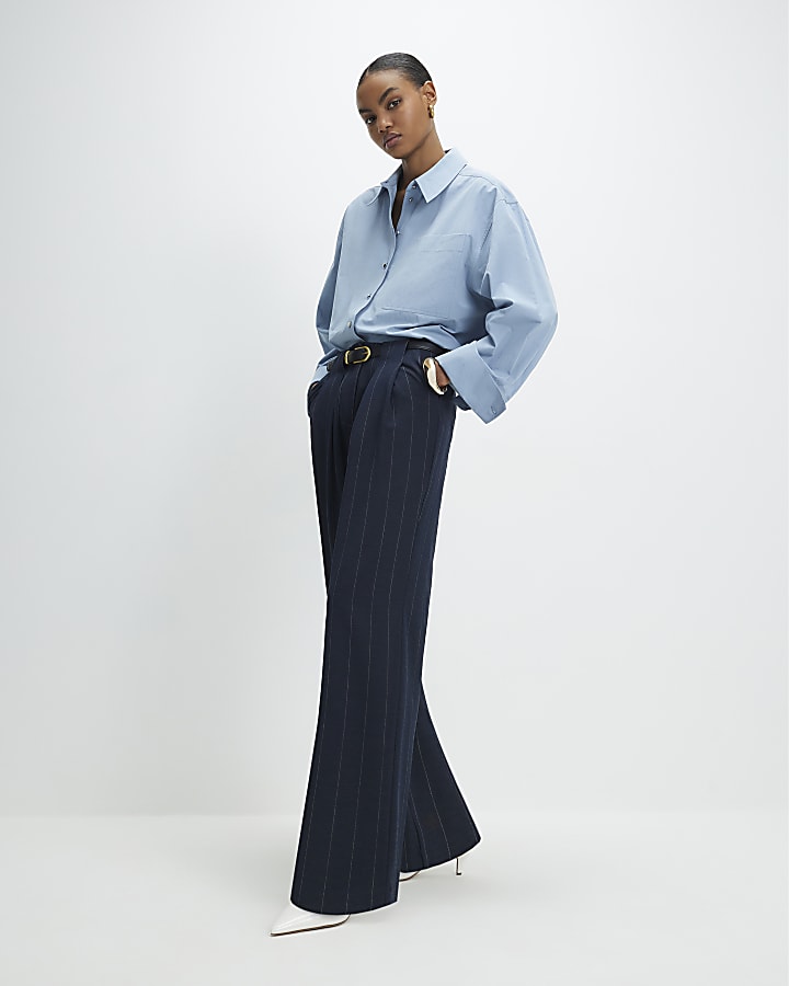 Navy Pinstripe Low Waist Belted Trousers