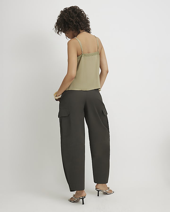 Khaki Twill Pleat Front Barrel Leg Trousers