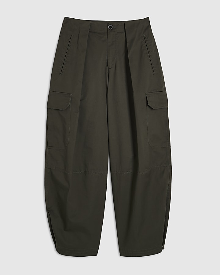 Khaki Twill Pleat Front Barrel Leg Trousers