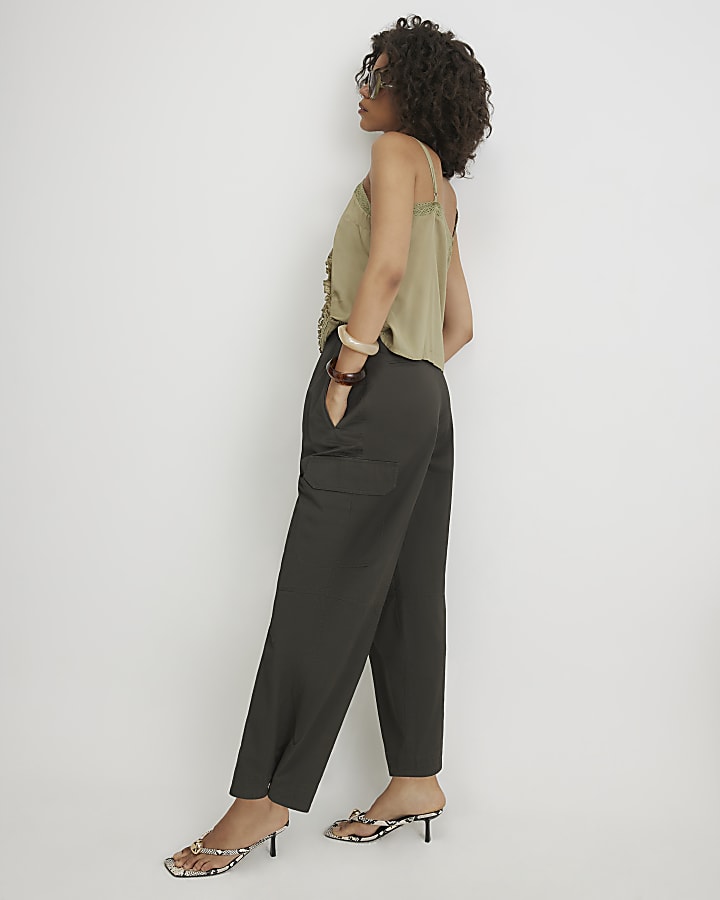 Khaki Twill Pleat Front Barrel Leg Trousers