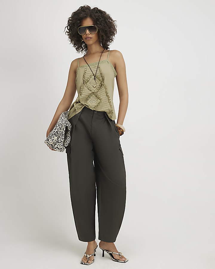 Khaki Twill Pleat Front Barrel Leg Trousers