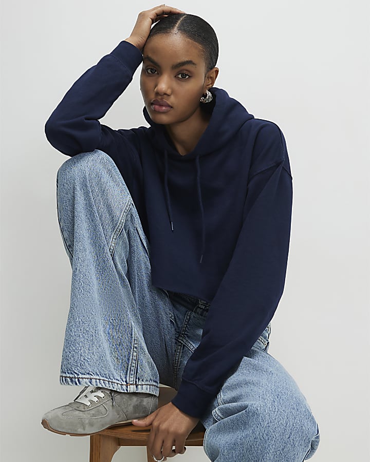 Navy Long Sleeve Cropped Hoodie