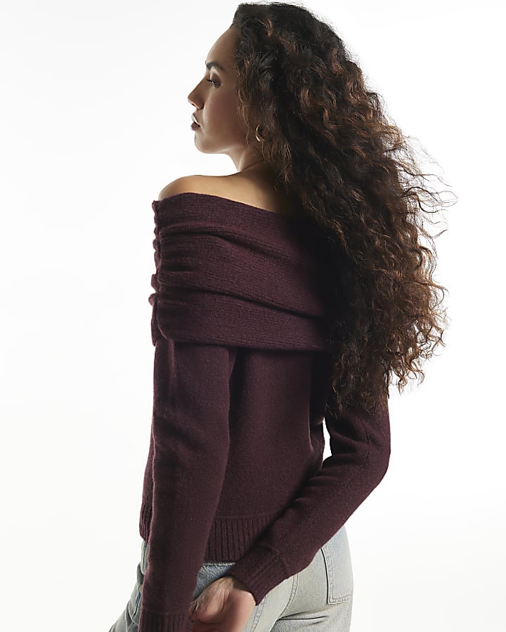 Burgundy Gathered Bardot Jumper