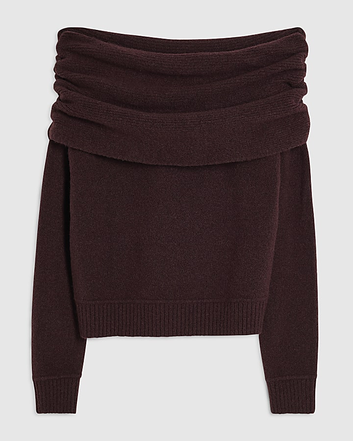 Burgundy Gathered Bardot Jumper