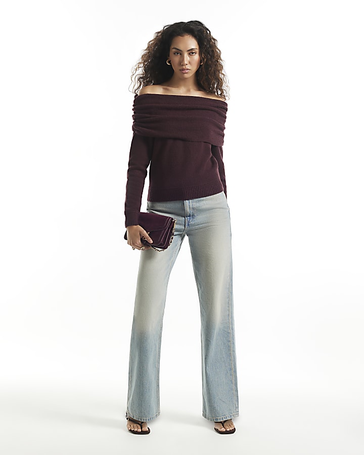 Burgundy Gathered Bardot Jumper