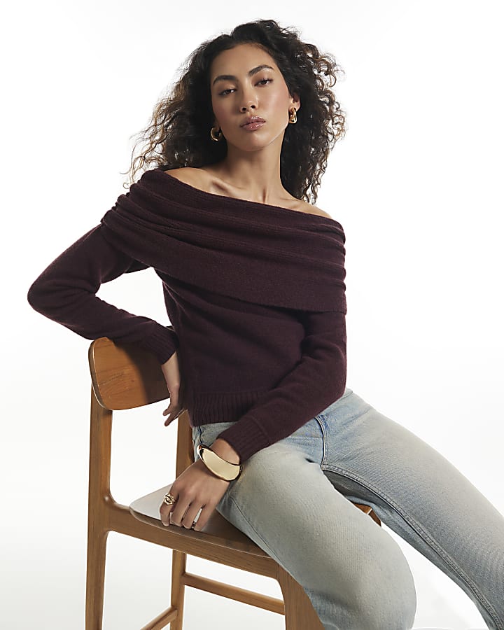 Burgundy Gathered Bardot Jumper