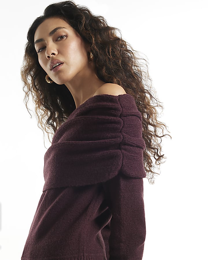 Burgundy Gathered Bardot Jumper