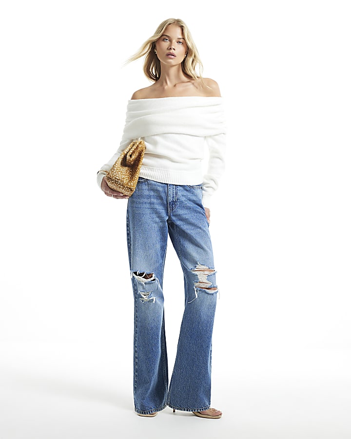 Cream Gathered Bardot Jumper