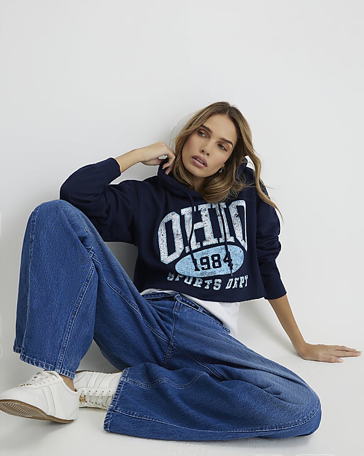 Navy Long Sleeve Ohio Cropped Hoodie