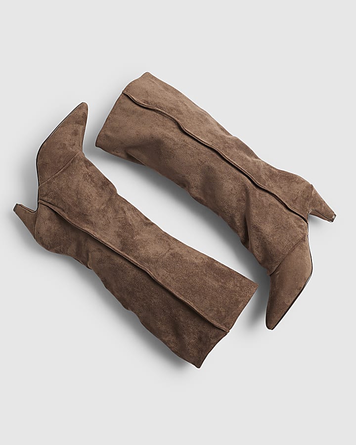 Brown Cone Heel Slouch Calf Boots