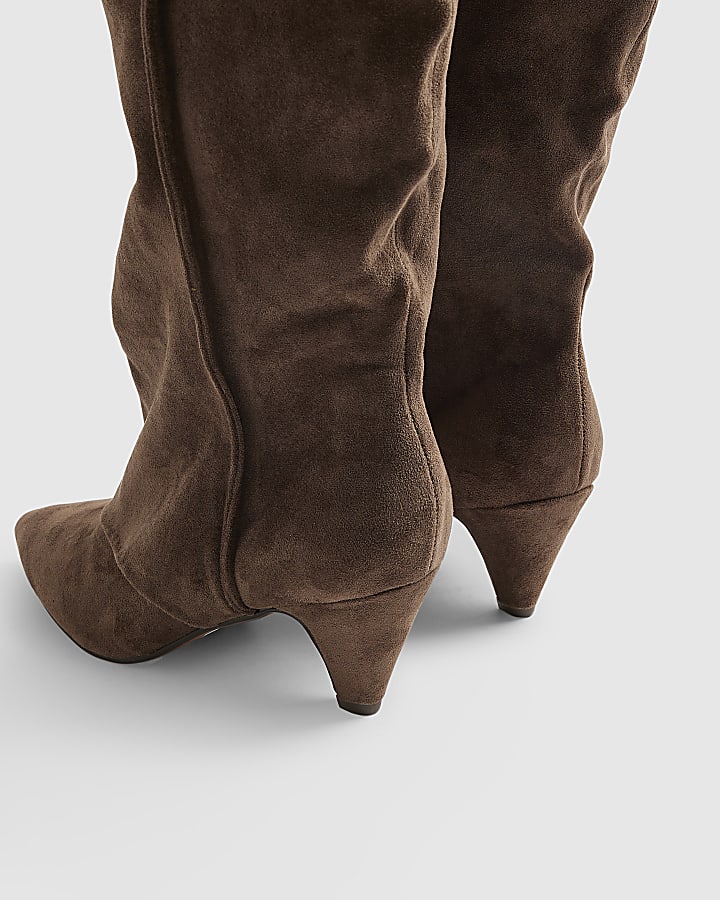 Brown Cone Heel Slouch Calf Boots