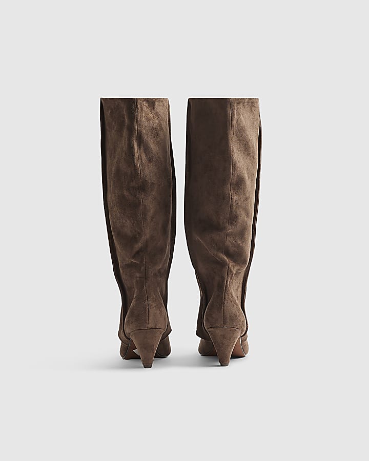 Brown Cone Heel Slouch Calf Boots