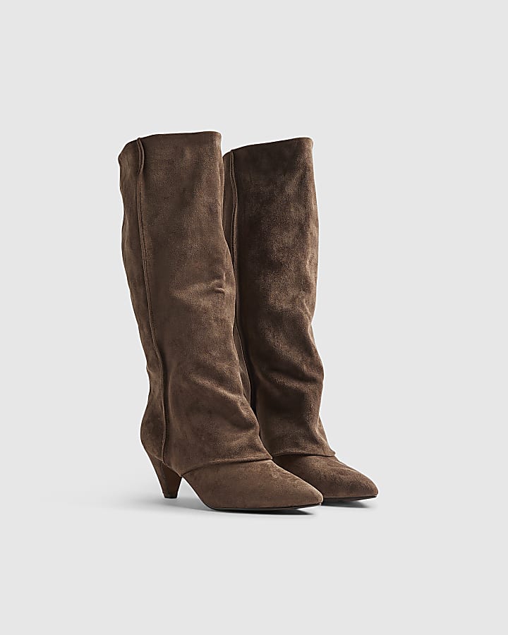 Brown Cone Heel Slouch Calf Boots