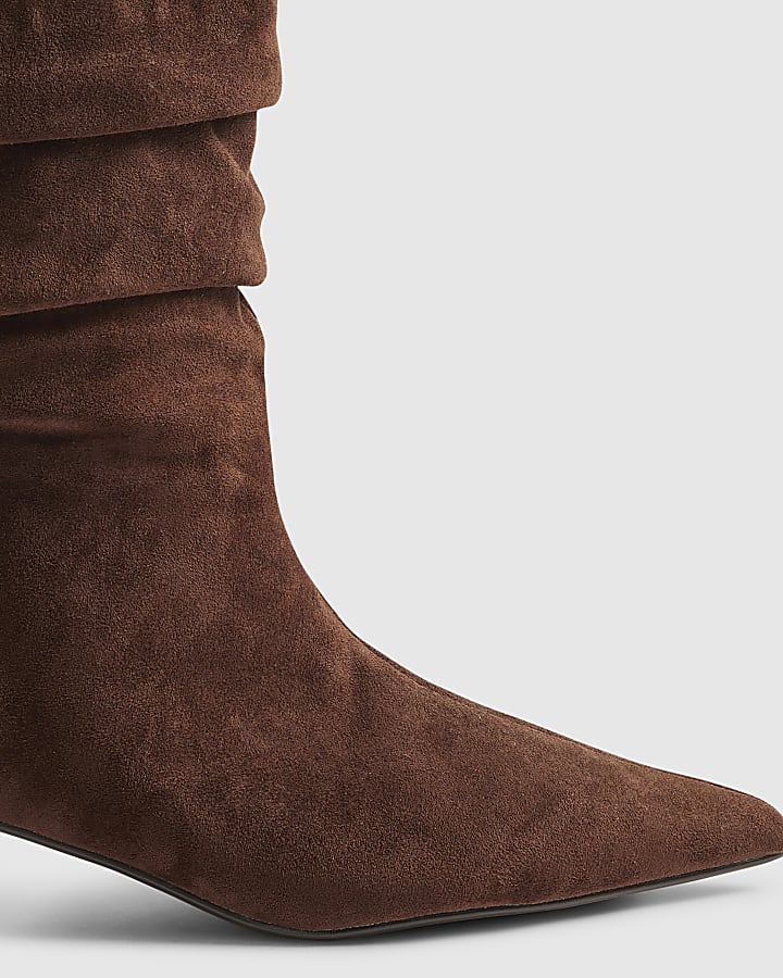 Brown Faux Suede Slouchy Point Toe Boots