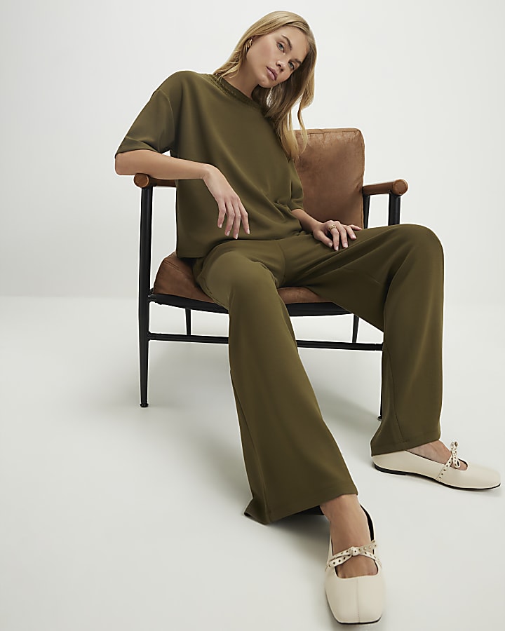 Khaki Premium Whipstitch Wide Leg Joggers