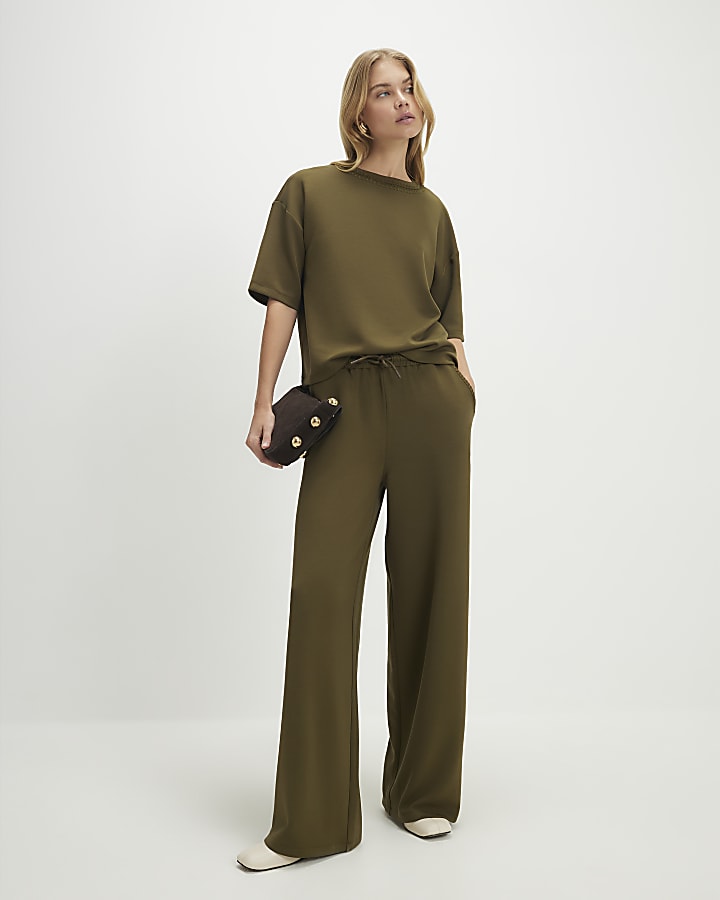 Khaki Premium Whipstitch Wide Leg Joggers