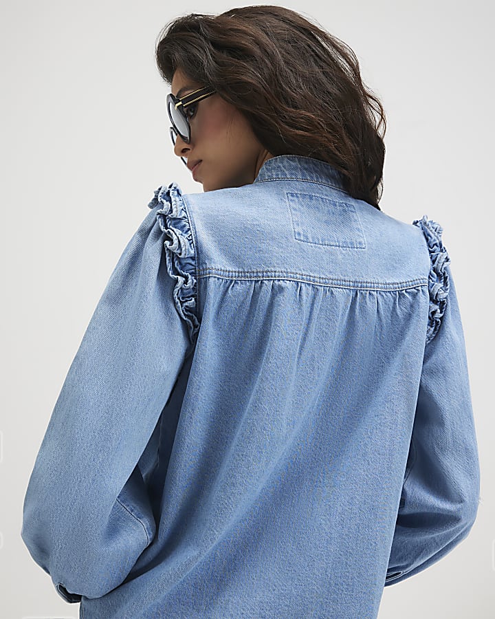 Blue Denim Long Sleeve Ruffle Shirt
