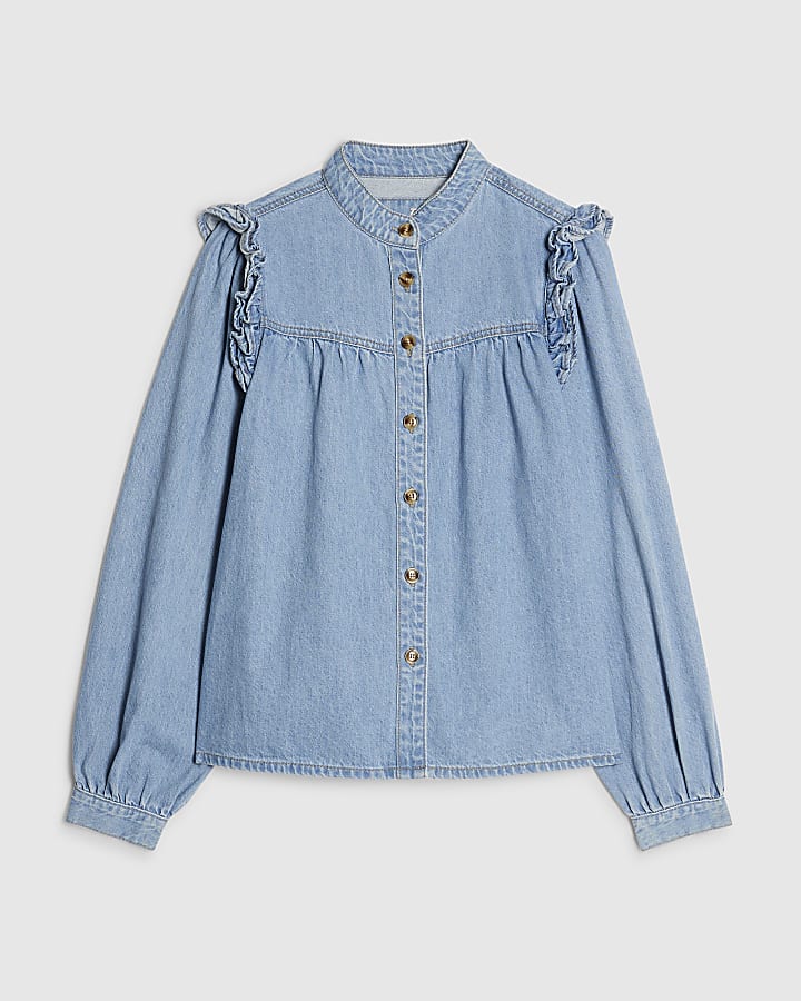 Blue Denim Long Sleeve Ruffle Shirt