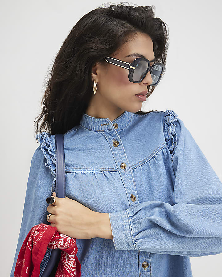 Blue Denim Long Sleeve Ruffle Shirt