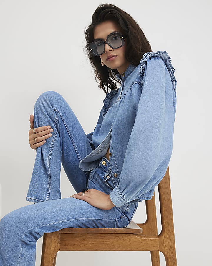 Blue Denim Long Sleeve Ruffle Shirt