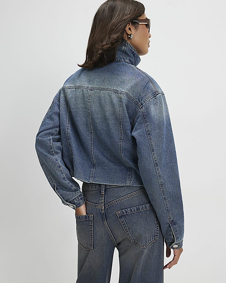 Blue Funnel Neck Denim Bomber Jacket