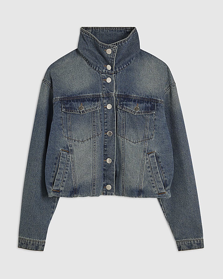 Blue Funnel Neck Denim Bomber Jacket