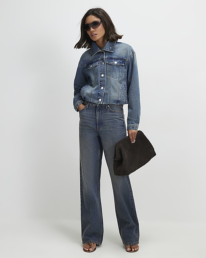 Blue Funnel Neck Denim Bomber Jacket