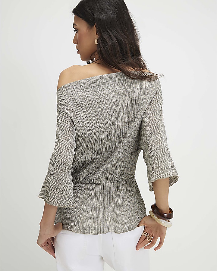 Khaki Short Sleeve Plisse Batwing Top